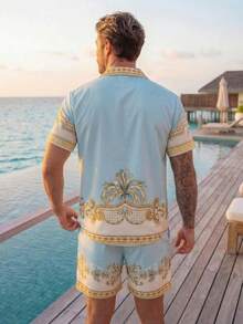 VIVINTIMO 时尚休闲成熟度假奢华宫廷浮雕元素数码全印花图案男士修身肩短袖衬衫短裤两件套，适合夏季户外度假、约会、派对等场合。 - 白色 - 查看 2