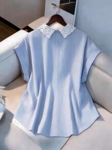 GlowEve CURVE Áo khoác cardigan dáng rộng, cổ bẻ, họa tiết sọc, tay ngắn, phối bèo nhún, dành cho nữ, thích hợp cho mùa hè. - Màu xanh lam - Xem 2