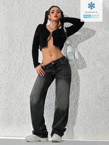 SHEIN ICON Quần jeans nữ thường ngày có túi và nút - màu đen - Xem 5