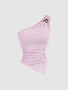 Sweetra Áo kiểu nữ màu trơn tối giản cổ lệch vai với khóa kim loại. - Nhiều màu - Xem 6