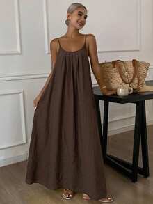 DAZY New Summer Beach Holiday Loose Backless Spaghetti Strap Dress - Brown - View 2