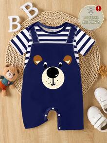 SHEIN Baby Boy Cute Bear Striped Print Short Sleeve Romper, Suitable For Summer - Multicolor - View 4