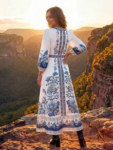 CAJUNI Vestido casual de mujer con estampado floral, cuello en V y mangas farol, para primavera/verano - Beis - Ver 2