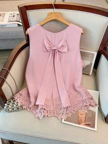 GlowEve CURVE Áo tank top ren trang trí nơ cho nữ cỡ lớn, kiểu dáng thời trang cổ điển, thanh lịch, thường ngày, thích hợp cho kỳ nghỉ, không tay. - Hồng - Xem 2