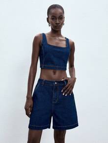 ATUI Studio Bộ đồ nữ thường ngày gồm áo tank top cổ vuông trơn và quần short denim rộng. - Màu xanh lam - Xem 3