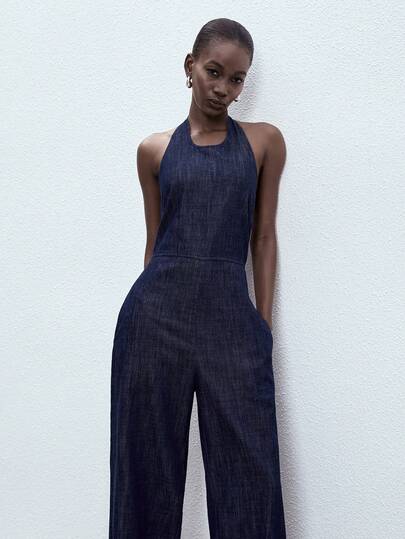 ATUI Studio Women's Casual Sexy Backless Halter Neck Denim Jumpsuit With Side Pockets, Suitable For Summer Vacation
