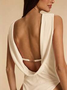 Mono de mujer de unicolor casual con espalda descubierta, decoración de cadena metálica en el cuello, adecuado para playa, vacaciones, resort, trabajo casual, viajes, salidas de ocio, mono marrón, mono elegante y sexy con espalda descubierta - Albaricoque - Ver 7