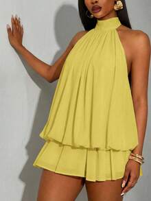 SHEIN SXY Plus Size Sexy Solid Color Backless Halter Mini Dress, Summer - Yellow - View 2