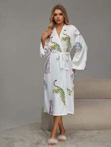 Women's Casual Leopard Print Loose Fit Robe For Daily Wear - White - View 3