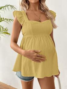 SHEIN Maternity Casual Vacation Style Solid Color Keyhole Neck Ruffle Armhole Babydoll Top Babyshower Summer - Yellow - View 4