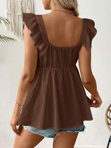 SHEIN Maternity Solid Color Square Neck Cap Sleeve Ruffle Textured Shirt - Coffee Brown - View 2