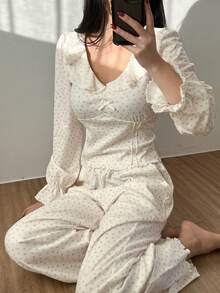 DAZY Floral Ruffle Trim Design Cropped Top And Wide Leg Loose Pants Pajama Set, Fall Winter Clothes - White - View 4