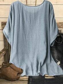 EMERY ROSE 大码夏季休闲度假印花棉质衬衫 - 藍色 - 查看 2