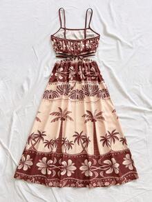 Soleia Đầm lửng hai dây dáng midi in họa tiết nhiệt đới, thích hợp cho kỳ nghỉ, dành cho nữ. - Nhiều màu - Xem 2