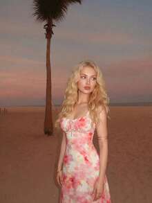 SHEIN MOD 女士全印花扭结胸部褶皱吊带中长连衣裙，夏季，节日女装，女士碎花印花长款连衣裙，甜心领系带无袖A字连衣裙，夏季碎花连衣裙，花园派对连衣裙，派对连衣裙，法式连衣裙，度假连衣裙，婚礼宾客连衣裙，沙滩连衣裙，毕业典礼连衣裙，碎花连衣裙，易穿款式，浪漫，优雅，女士晚礼服，粉色碎花连衣裙，碎花夏季连衣裙，可爱夏季连衣裙，女士夏季连衣裙 - 粉色 - 查看 2