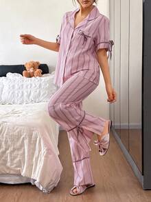 Napfluff 条纹印花翻领撞色休闲家居服短袖上衣和裤子套装（女款） - 粉色 - 查看 6