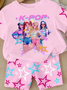 SHEIN Conjunto casual de camiseta de manga corta con cuello redondo y estampado de letras y dibujos animados, y pantalones cortos para niña pequeña, adecuado para vacaciones, fiestas, uso diario, conciertos - Multicolor - Ver 6