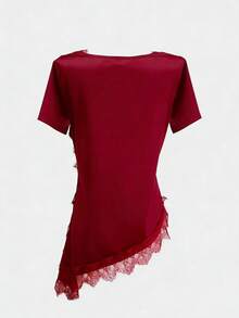 Opuloom 女款時尚優雅高領荷葉邊蕾絲飾邊上衣，適合情人節、婚禮、假期、休閒出遊、派對，不對稱下擺彈性緞面上衣 - 紅色 - 查看 2