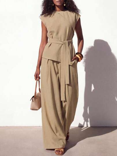 Zivah Conjunto de blusa con cuello redondo, volantes en la cintura y pantalón de pierna ancha, bolsillos reales, tela de fibra de bambú, caqui, para Día de San Valentín, festival de música, Pascua, estilo occidental, nómada, bohemio, fiesta de Nashville, boda, noche, cita, reunión, cumpleaños, Primavera/Verano 2026