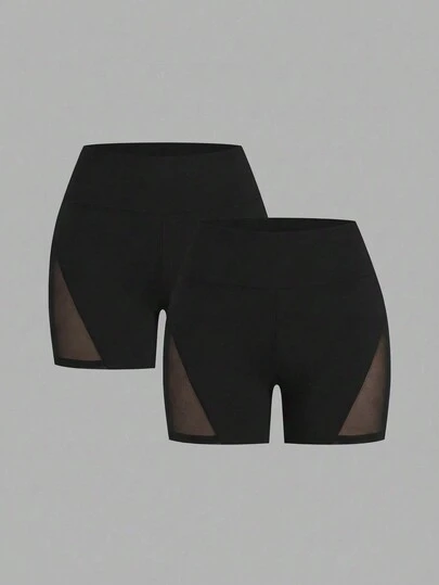 SHEIN EZwear Sexy Mesh Patchwork Black Tight Short Plus Size Shorts