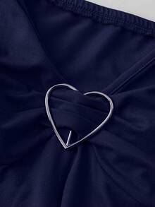 Sweetra Plus Size Women's Casual Sexy Contrast Lace Camisole Top With Heart Buckle, Spring/Summer - Navy Blue - View 4
