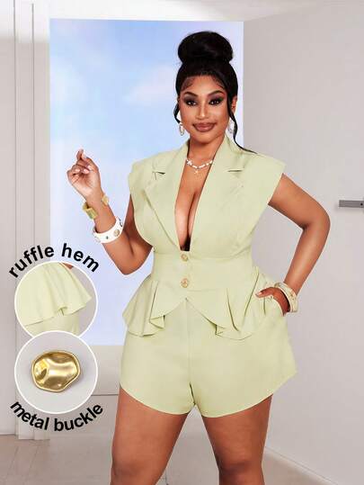 Maweii Plus Size Solid Color Blazer Collar Cap Sleeve Elegant 2 Pieces Set