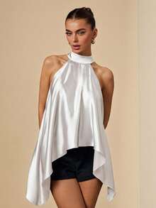 SHEIN BAE Elegant White Satin Halter Neck Backless Loose Maxi Dress,Summer Party Wedding Guest Beach Holiday,Spring Autumn Evening Christmas Halloween Top - White - View 4