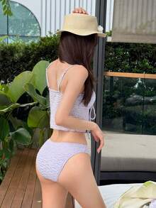 Livesso 女士荷叶边纹理面料吊带比基尼两件式泳衣，紫色，性感休闲 - 紫色 - 查看 6