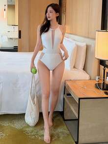 DAZY Women's Sleeveless One-Piece Polka Dot Mesh Patchwork Sexy Casual Solid Color Swimsuit Beach Golf Outfit Summer White - White - View 3