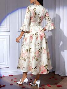 SHEIN Lady Đầm midi nữ thanh lịch in hoa, tay loe xếp ly, thích hợp dự tiệc. - Nhiều màu - Xem 2