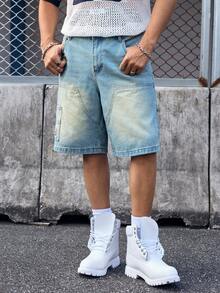 EVRINFINITE Men's Casual Streetwear Multi-Pocket Striped Blue Denim Shorts Light Wash Jorts - Light Wash - View 7