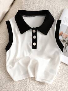 Squishy Teens' Casual Contrast Color Collar & Cuff Tank Top - White - View 6