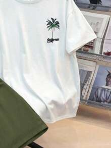 SHEIN 2pcs Set Teen Boy's Tropical Print Tee & Drawstring Waist Shorts;Spring Wear; Teen Boys' Clothing; Kids' Jackets, Spring Back To School - Army Green - View 5