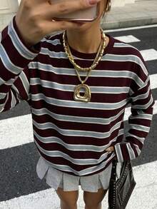 Muchica 休闲简约圆领宽松长袖T恤，复古学院风，条纹印花 - 彩色 - 查看 4
