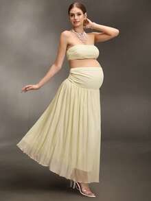 Cheriluna Maternity 2 piezas Conjunto de fotografía de maternidad, top bandeau de malla romántico y falda larga plisada de malla de cintura alta, ropa de resort de primavera/verano para fotografía - Albaricoque - Ver 3