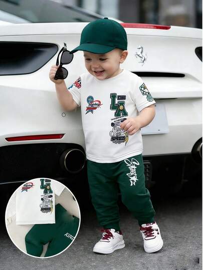 SHEIN Playful Pals 2 pezzi/set Maglietta a maniche corte con scollo tondo e stampa a blocchi di colore e lettera, e pantaloni con vita elastica, adatti per l'abbigliamento casual quotidiano dei bambini, outfit estivo per bambini di 3 anni, abbigliamento per neonati e bambini