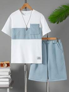 SHEIN Vacaura 2件套青少年男童夏季撞色字母拼接圆领短袖T恤和户外休闲时尚3D字母运动短裤 - 藍色 - 查看 6