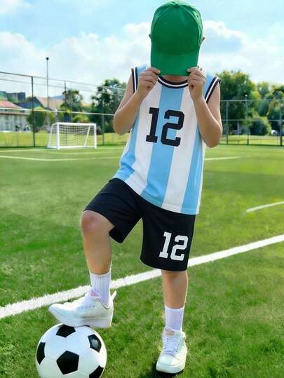 Fantacosmos 2pcs/Set Boys' Classic Basketball Vest Top & Shorts Set, Casual Sports Outfit For Cool Boy, Spring/Summer