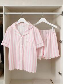 Girls' Pink & White Striped Short Sleeve Shorts Pajama Set,Cute Summer Pink Checkered Home Wear Nighties,Open Front Ruffled Hem Loungewear - Multicolor - View 6