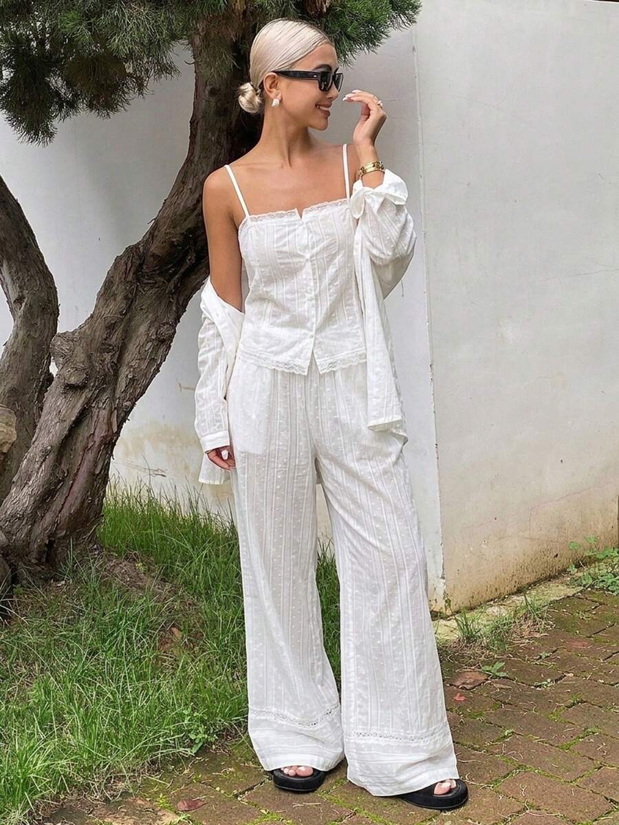 DAZY 3pcs Vacation Style Polka Dot Textured Fabric Women Pajama Set - White - View 1