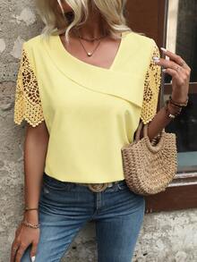 EMERY ROSE Women's Simple Solid Color Lace Patchwork Blouse, Summer - Light Yellow - View 5