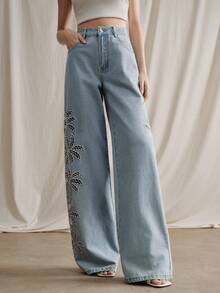 Anewsta Quần jeans nữ ống đứng màu xanh dương sang trọng, gợi cảm, khoét lỗ, thêu họa tiết, thích hợp cho tiệc tùng, du lịch, mùa xuân/hè. - Màu xanh lam - Xem 3