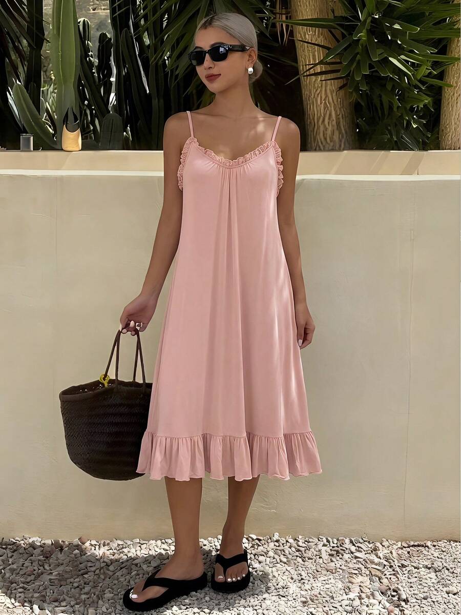 DAZY Lace Patchwork Sleeveless Solid Color Women's Nightgown' Pajama - Pink - View 1