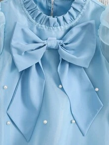 SHEIN Elladie kids 女童（小号）春夏新款蓝色宫廷风连衣裙，正面饰有蓝色3D蝴蝶结，点缀精致白色珠饰，欧根纱面料短款泡泡袖公主裙，适合小女孩穿着，简约优雅的淑女风格，适合春夏日常、上学、外出、度假、派对、钢琴演奏会等场合。 - 藍色 - 查看 4