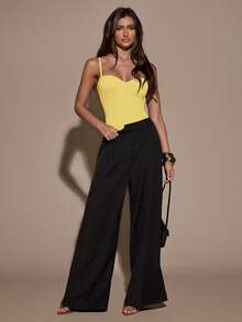 SHEIN BAE Women's Elegant Solid Color Sleeveless Bodysuit, Summer - Mustard Yellow - View 7
