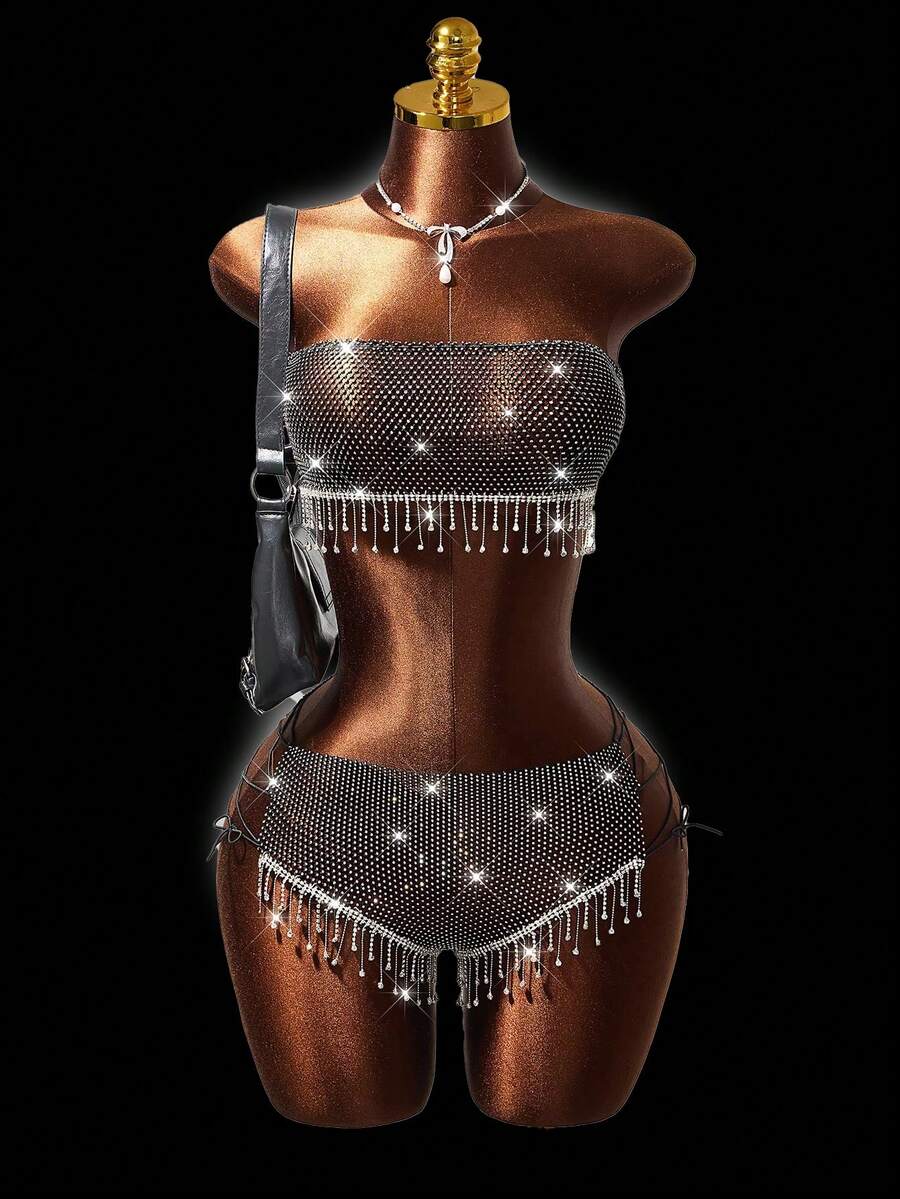 Mistrie 女士金属链条两件套背心套装，女士音乐节两件套，女士性感链条音乐节两件套 - 黑色 - 查看 1