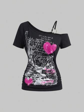 ROMWE Avant T-shirt court femme à imprimé slogan strass style rétro Y2K streetwear sexy