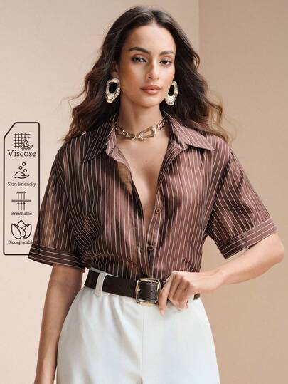 Arave 女士轻薄天丝宽松短袖衬衫，后开衩系带设计，适合日常通勤。