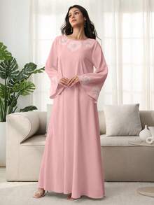 Yasmyna Women's Floral Applique Casual Modest Elegant Robe Wedding Pink Floral Autumn - Watermelon Pink - View 5
