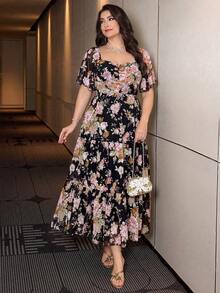 Modelyn Women's Square Neck Ruffle Sleeve Floral Print Waist Cinched Cake Skirt Dress, Romantic Vacation, Plus Size - Multicolor - View 4